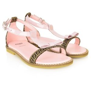 Fendi girls brown FF zucca logo pink bow sandals